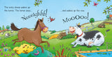 Usborne Noisy Farm book spread showing a donkey, cow and calf in a field