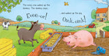 Usborne Noisy Farm book spread showing a donkey and pig beside a farmyard