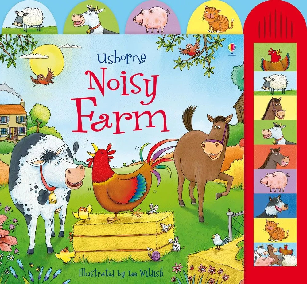 Usborne Noisy Farm front cover showing a cow, rooster, horse, sheep and sound panel