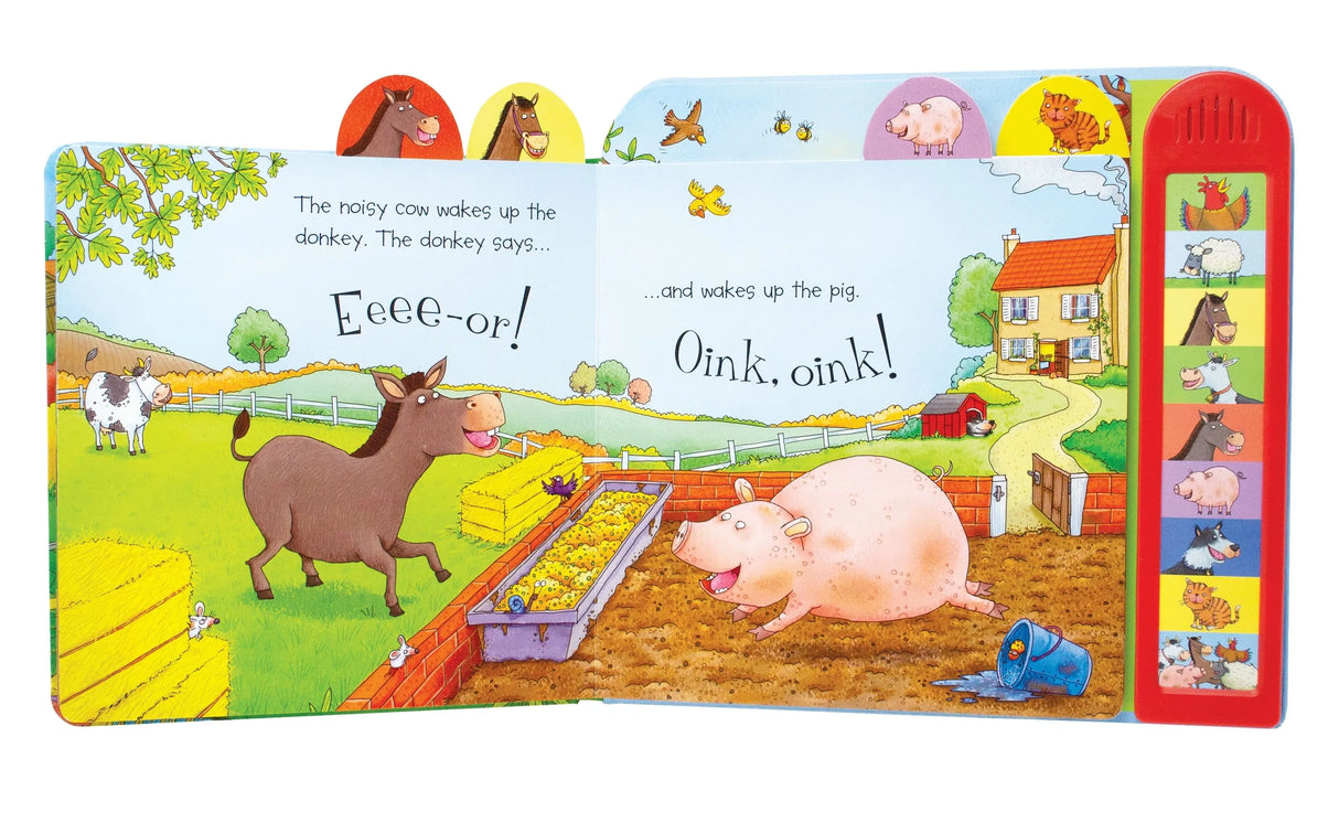 Usborne Noisy Farm book spread showing a donkey and pig beside a farmyard