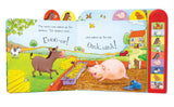 Usborne Noisy Farm book spread showing a donkey and pig beside a farmyard