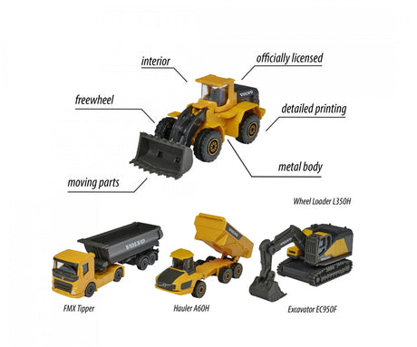 Majorette Volvo Construction die cast vehicles showing moving parts and detailed Volvo design in Ireland