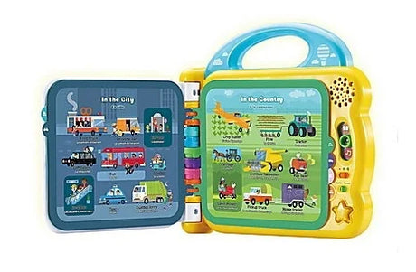 Inside pages of VTech 100 Things That Go book showing city and country vehicles – Ireland