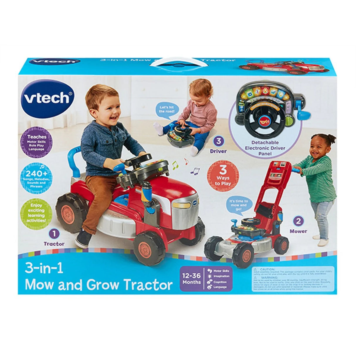 VTech 3-in-1 Mow and Grow Tractor packaging showing three play modes for toddlers – Ireland