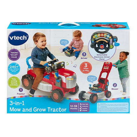 VTech 3-in-1 Mow and Grow Tractor packaging showing three play modes for toddlers – Ireland