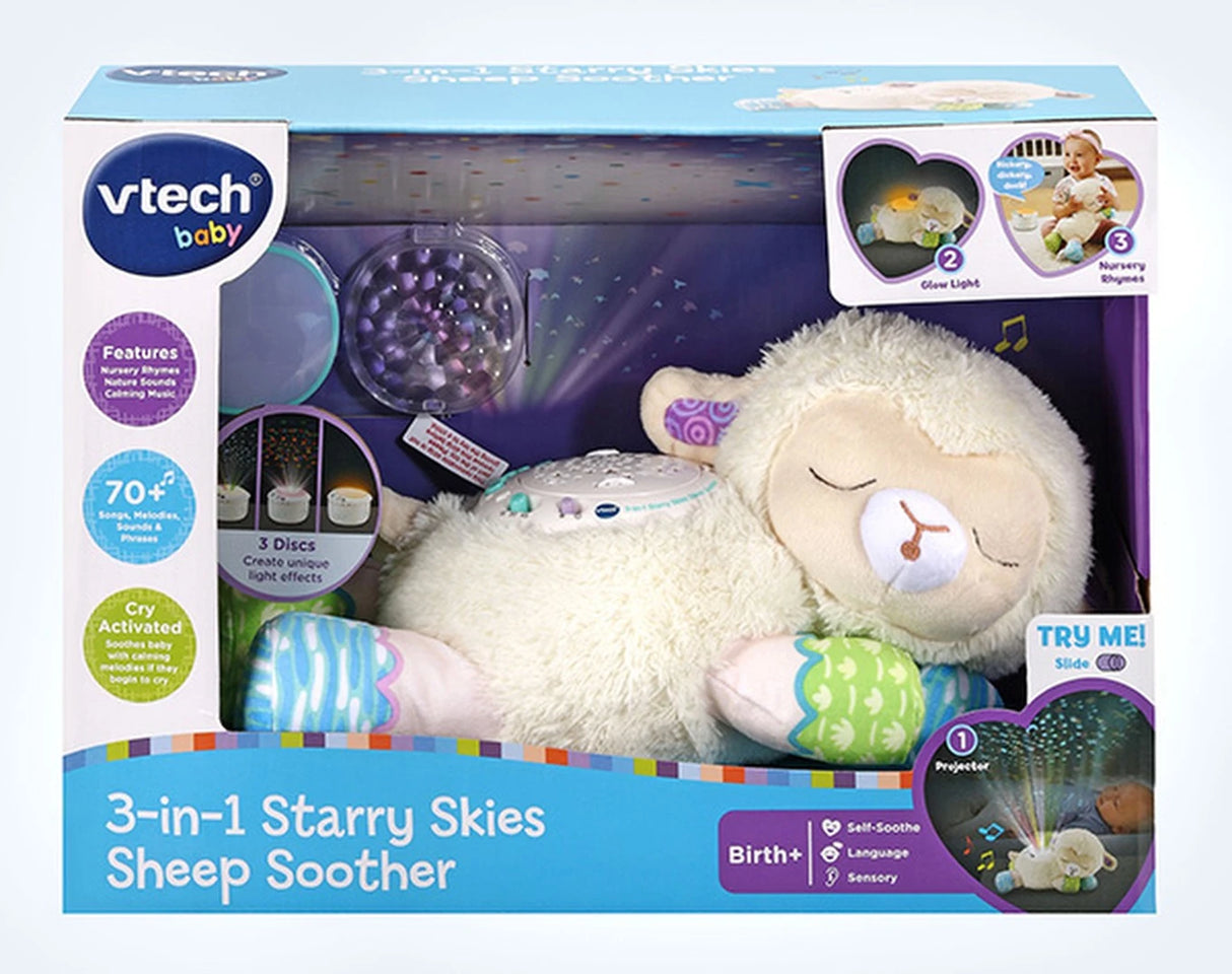 VTech 3-in-1 Starry Skies Sheep Soother box showing sheep soother, light discs and birth plus age mark