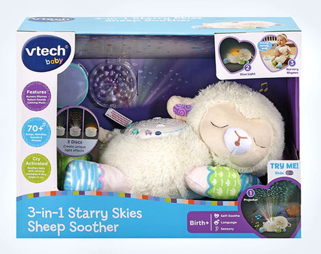 VTech 3-in-1 Starry Skies Sheep Soother box showing sheep soother, light discs and birth plus age mark