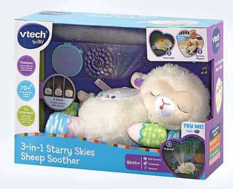 VTech 3-in-1 Starry Skies Sheep Soother box shown from the right with sheep soother and light discs