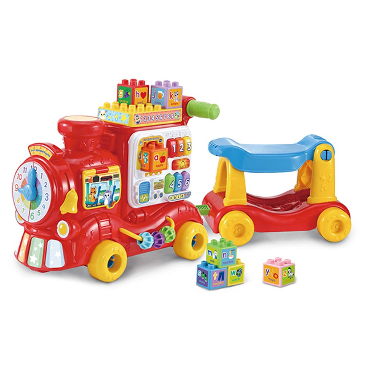VTech 4-In-1 Alphabet Express with red train, blue and yellow pull cart and colourful learning blocks
