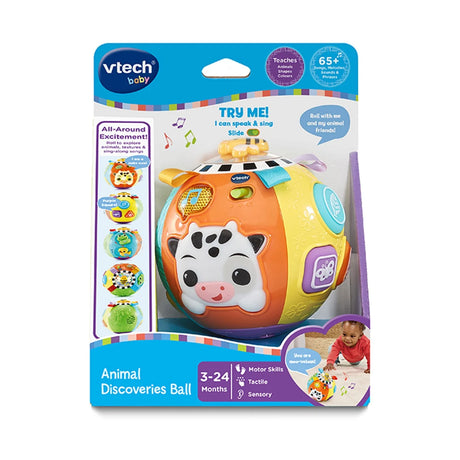 Front view of VTech Animal Discoveries Ball in retail packaging showing cow and learning icons – Ireland.