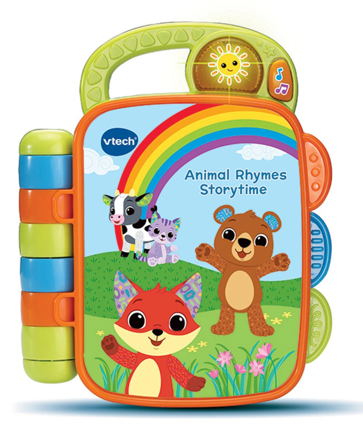 VTech Animal Rhymes Storytime closed front cover with rainbow, fox and bear illustration and light up sun button