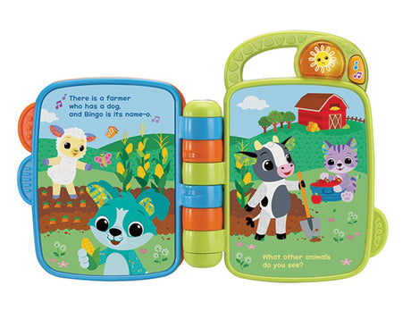 VTech Animal Rhymes Storytime open book showing forest scene with bear, fox, owl and river illustration