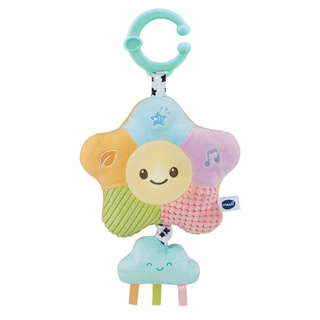 VTech Baby Soothing Sounds Star front angle view showing illuminated centre, textured fabric panels, stitched icons and hanging cloud with ribbon tags