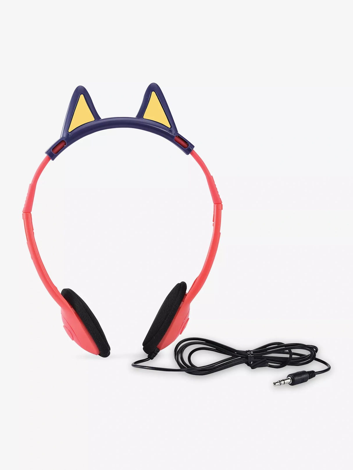 Red and purple Bluey headphones with yellow ear details and black audio cable