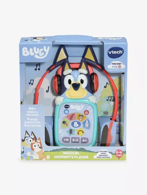 VTech Bluey Musical Moments Player in retail packaging with player, red headphones and Bluey artwork