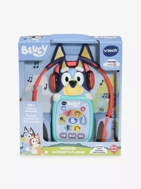 VTech Bluey Musical Moments Player in retail packaging with player, red headphones and Bluey artwork