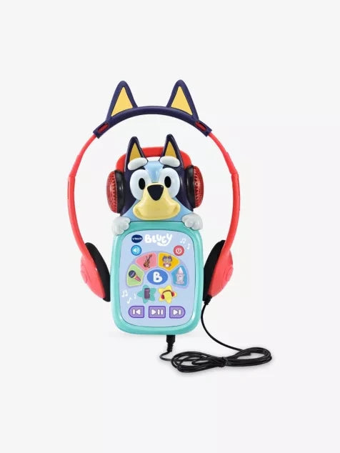 VTech Bluey Musical Moments Player with turquoise controls, Bluey character and red and purple headphones