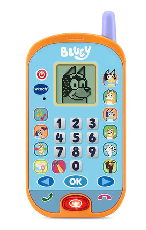 VTech Bluey Ring Ring Phone showing Bluey on the LCD screen with number keypad, navigation controls and Bluey character buttons