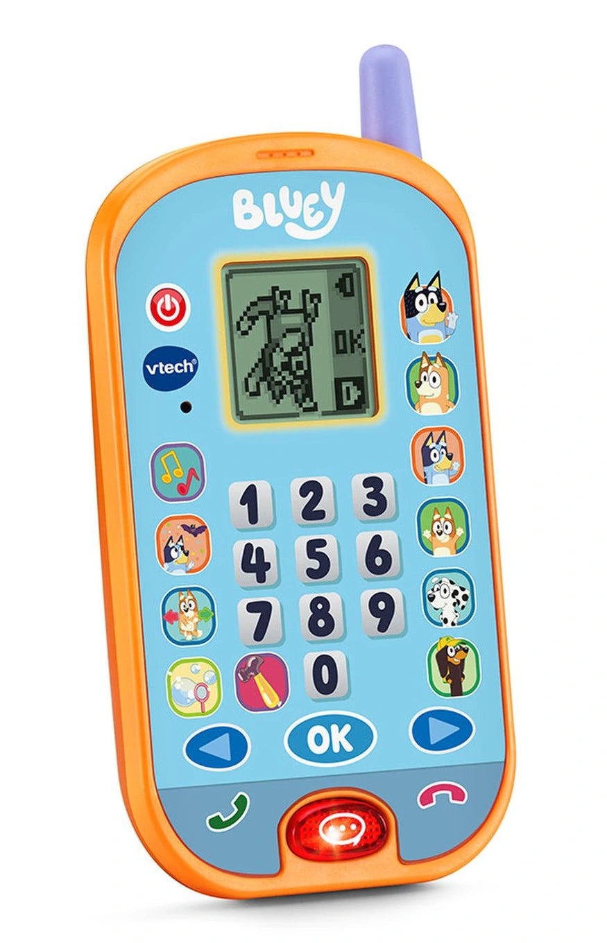 VTech Bluey Ring Ring Phone showing a character activity on the LCD screen with number keypad, character buttons and illuminated red call button