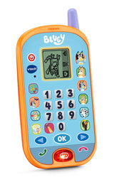VTech Bluey Ring Ring Phone showing a character activity on the LCD screen with number keypad, character buttons and illuminated red call button