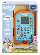 VTech Bluey Ring Ring Phone in retail packaging showing the orange phone, LCD screen, number keypad and Bluey graphics