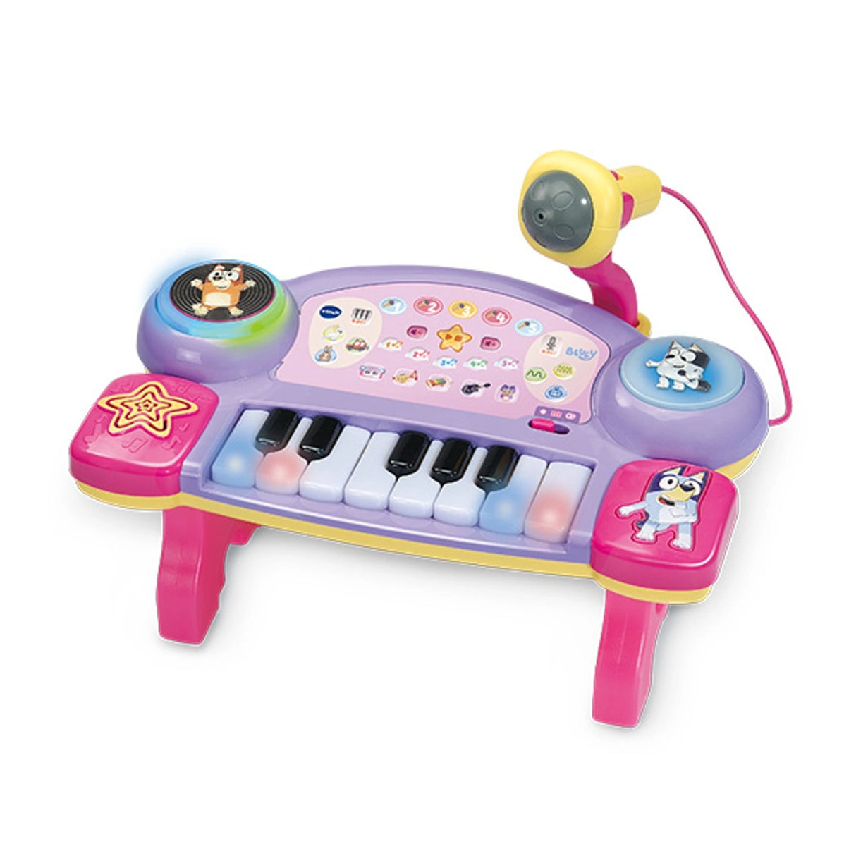 VTech Bluey Sing-Along Keyboard with purple and pink keyboard, yellow microphone and Bluey character graphics