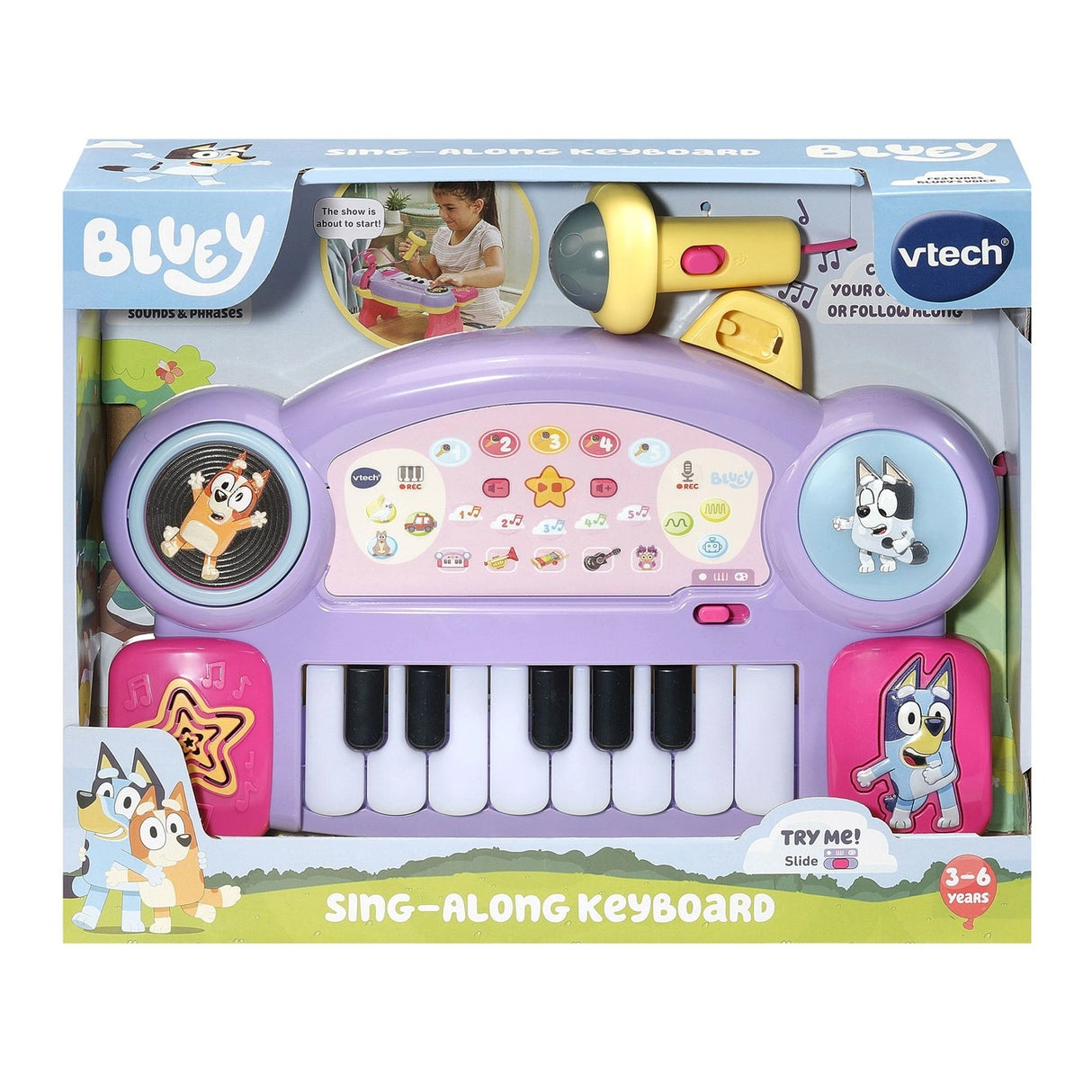 VTech Bluey Sing-Along Keyboard in retail packaging with microphone, piano keys and Bluey character artwork