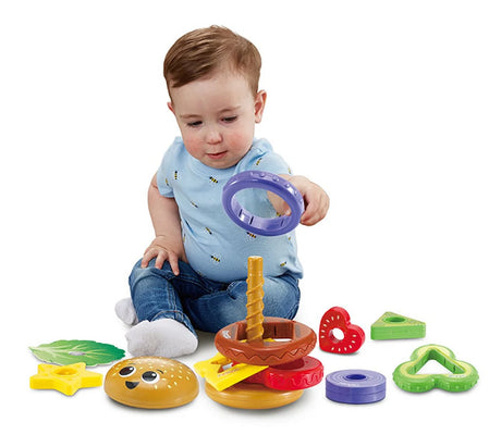Toddler playing with VTech Build-a-Burger stacking toy – Ireland