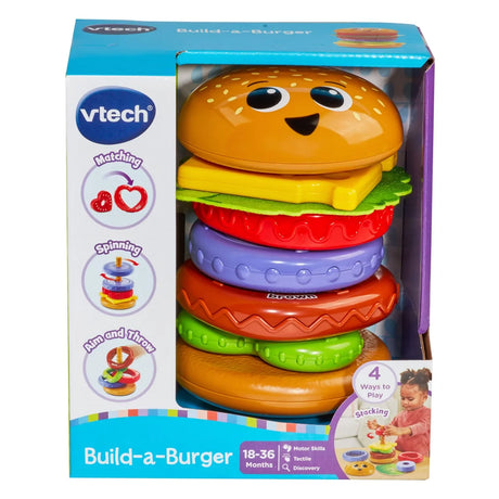 Boxed VTech Build-a-Burger Toy with stacking food pieces in packaging – Ireland