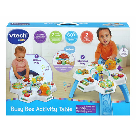 VTech Busy Bee Activity Table packaging showing sit and stand play modes for ages 6 to 36 months – Ireland