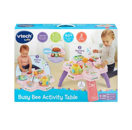 VTech Busy Bee Activity Table Pink packaging showing sit and stand play options for ages 6 to 36 months – Ireland