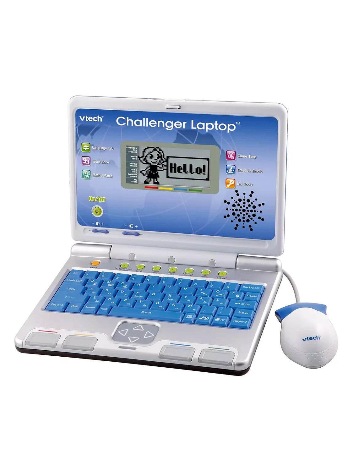 VTech Challenger Laptop front angled view showing the learning screen, blue QWERTY keyboard and wired mouse