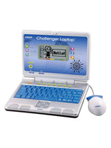 VTech Challenger Laptop front angled view showing the learning screen, blue QWERTY keyboard and wired mouse