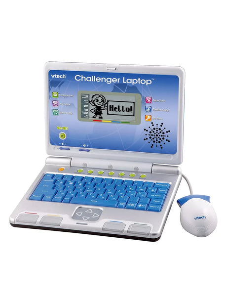 VTech Challenger Laptop front angled view showing the learning screen, blue QWERTY keyboard and wired mouse