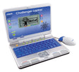 VTech Challenger Laptop open with blue QWERTY keyboard, learning screen, navigation controls and wired mouse