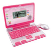 VTech Challenger Laptop Pink angled front view showing the learning screen, pink QWERTY keyboard and wired mouse