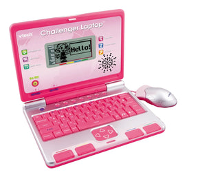 VTech Challenger Laptop Pink angled front view showing the learning screen, pink QWERTY keyboard and wired mouse
