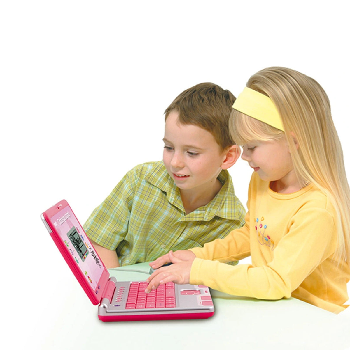 Two children using the VTech Challenger Laptop Pink with QWERTY keyboard and learning screen