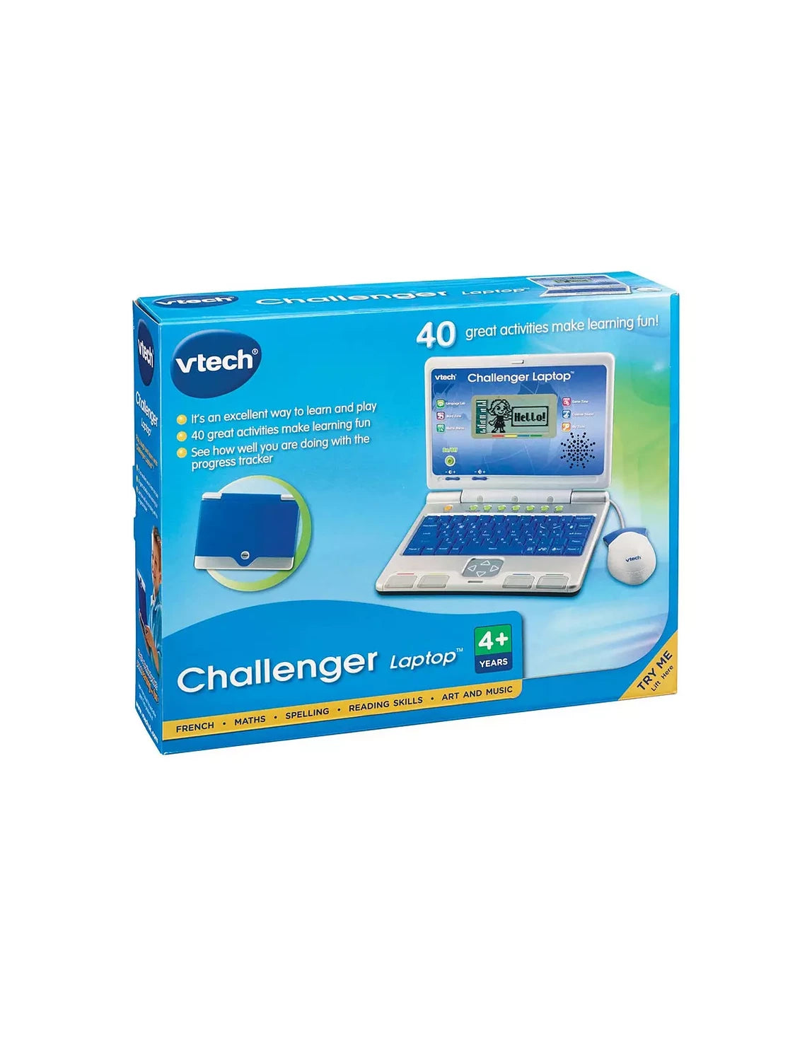 VTech Challenger Laptop retail box showing the blue and silver laptop, mouse and 40 learning activities