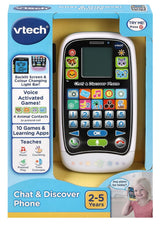 VTech Chat & Discover Phone box showing toy phone, animal buttons and 2 to 5 years age mark
