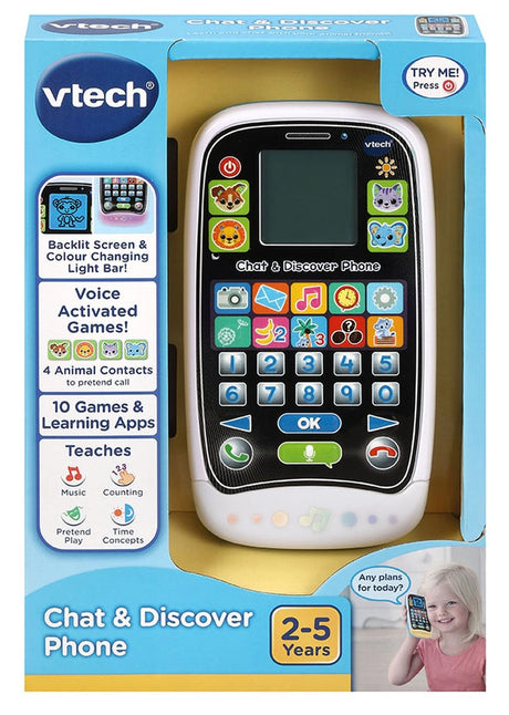 VTech Chat & Discover Phone box showing toy phone, animal buttons and 2 to 5 years age mark
