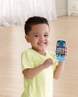 Child holding VTech Chat & Discover Phone with animal icons and number buttons visible