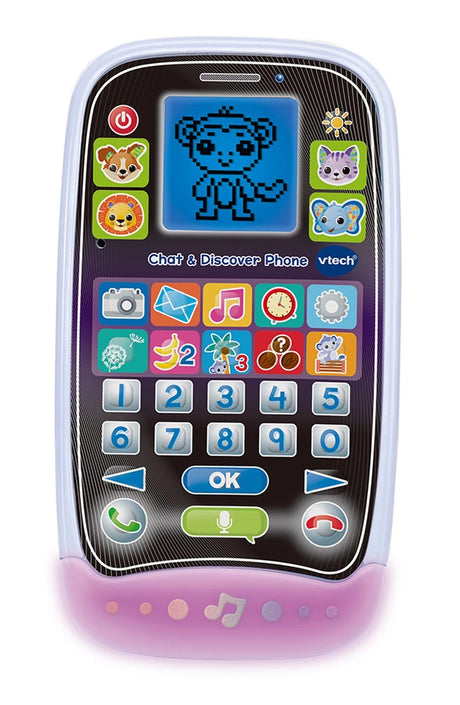 VTech Chat & Discover Phone front view with monkey screen, animal buttons, number buttons and light bar