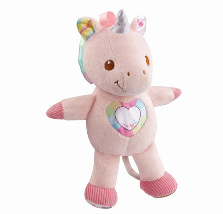 VTech Colourful Cuddles Unicorn plush toy seated view with patterned legs – Ireland