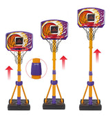 VTech Counting Hoops Basketball Stand shown at three adjustable heights with electronic backboard, hoop, net and weighted base