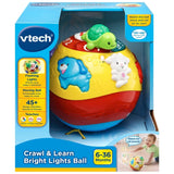 Front view of VTech Crawl and Learn Bright Lights Ball pink version inside retail packaging showing animal buttons, light up numbers and 6 to 36 months label