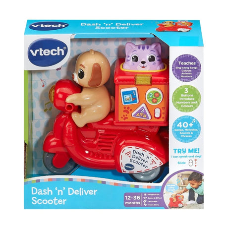 VTech Dash n Deliver Scooter retail box showing scooter toy with Puppy and Kitty, learning features and colourful graphics on packaging