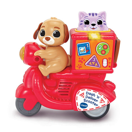 VTech Dash n Deliver Scooter toy angled view showing Puppy driver, Kitty in pizza delivery box and three shaped learning buttons on the side