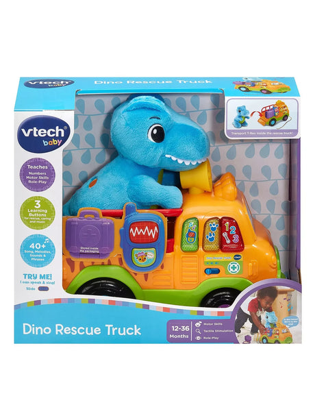 Boxed VTech Dino Rescue Truck toy with plush T-Rex and interactive light-up features – Ireland.