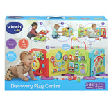 Front of VTech Discovery Play Centre retail packaging showing the four activity panels, children using the toy and illustrations of its panel, cube, zigzag and semicircle configurations.